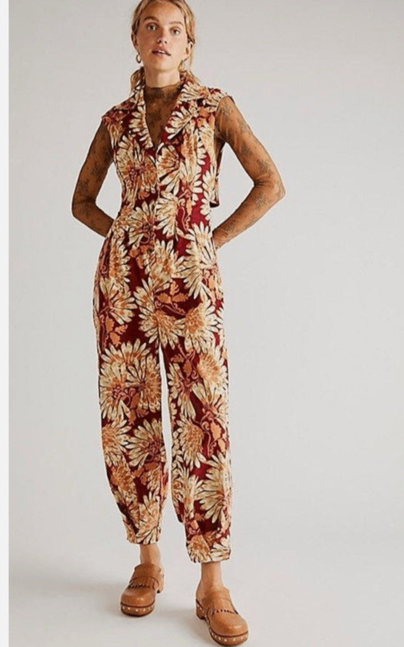 Free People Shasta Printed Corduroy Jumpsuit Large Floral Fall Boho